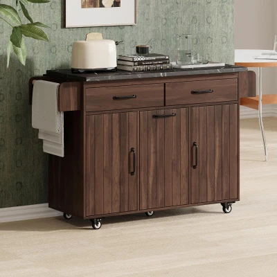 Kitchen Cart with Trash Can Storage, Walnut Brown