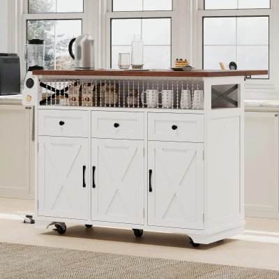 Farmhouse Kitchen Island Cart with Beaded Drape, White