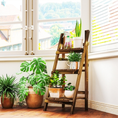 Outsunny Outdoor Plant Stand, Foldable Flower Stand 3-Tier Wooden Plant Shelf for Garden Indoor Outdoor, 16" x 15" x 37"