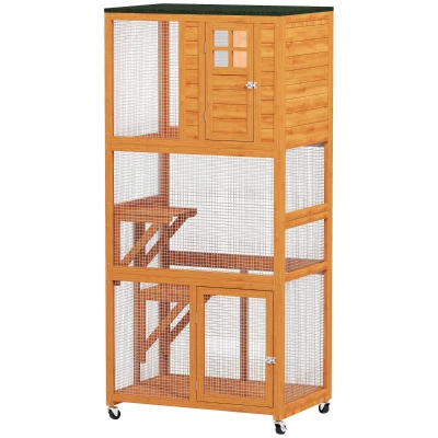PawHut 74" Wooden Outdoor Cat House Weatherproof & Wheeled with High Weight Capacity, Kitten Cage Condo, Orange