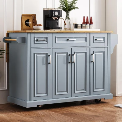 Kitchen Island Cart with Rubber Wood Drop Leaf, Grey+Blue