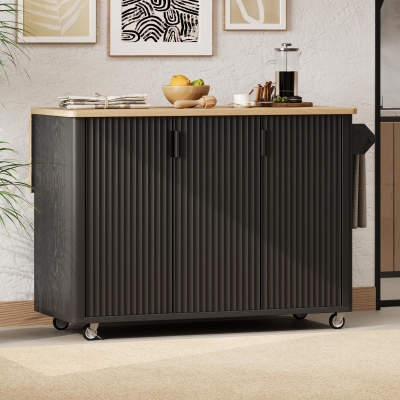 Fluted Kitchen Island with Drop Leaf, Black