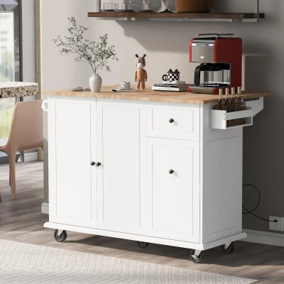 Kitchen Island with 3-Tier Pull-Out Cabinet Organizer, White