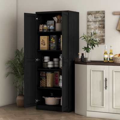 HOMCOM 63" Kitchen Storage Cabinet, 5-tier Pantry Cabinet with Doors and Adjustable Shelves for Dining Room, Black