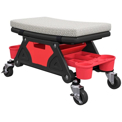 HOMCOM Rolling Garage Stool with Wheels, 300 LBS Capacity Padded Mechanic Stool with Tool Trays Storage, Grey