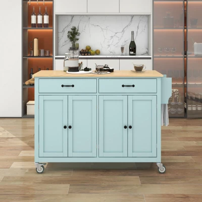 Kitchen Cart with 4-Door Cabinet, Mint Green