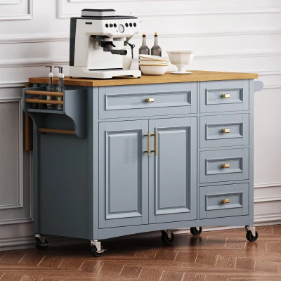 Kitchen Island with Drop Leaf, Blue+Grey