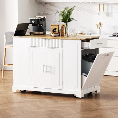 Fluted Kitchen Island with Trash Can Storage, White
