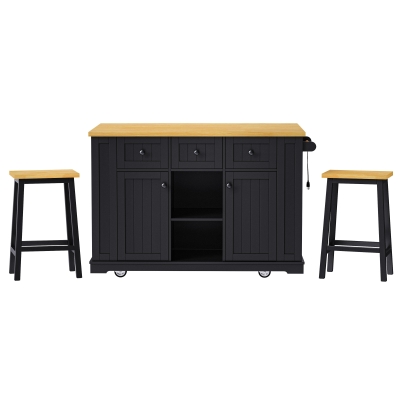 Mobile Rolling Kitchen Island with 2 Bar Stools, Black
