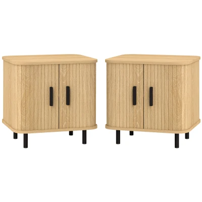 HOMCOM Nightstand Set of 2, Side Table with Shutter Doors, Sofa End Table with Steel Frame, for Bedroom, Living Room, Oak