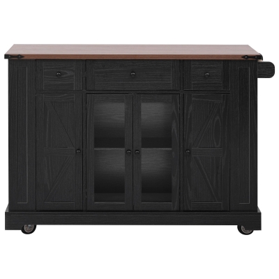 Farmhouse Kitchen Island with Tempered Glass Doors, Black