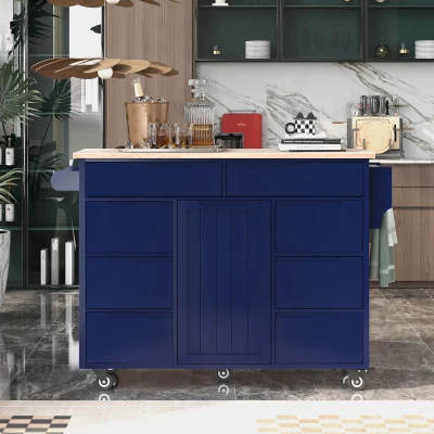 Mobile Kitchen Cart with 8 Handle-Free Drawers, Blue