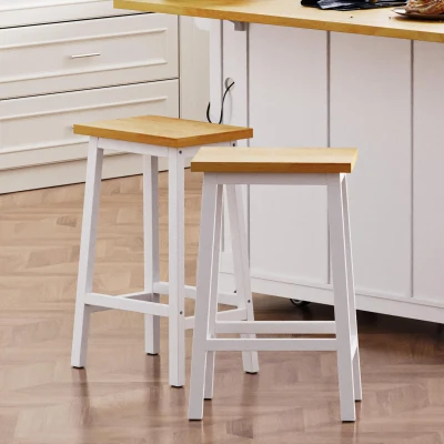 Set of 2 Farmhouse Style Solid Wood Bar Stools with Anti-Scratch Pads, White