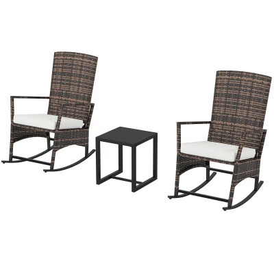 Outsunny 3 Piece Rocking Bistro Set, Wicker Patio Furniture with 3-Level Reclining High Back Rocking Chair and Glass Table, White