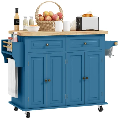 HOMCOM Kitchen Island with Storage, Rolling Trolley Cart with Rubber Wood Top, Spice Rack, Towel Rack, Blue