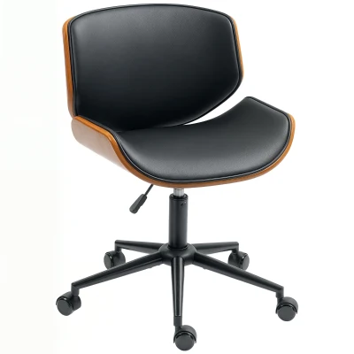HOMCOM Mid-Century Modern Office Chair No Arms with Wheels, Small Computer Desk Chair with PU Leather Upholstery, Bentwood
