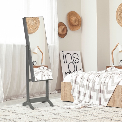 HOMCOM Mirror Jewelry Cabinet Armoire, Lockable Jewelry Organizer with Full-Length Mirror, 3 Angle Adjustable, Grey