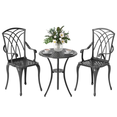 Outsunny 3 Pieces Patio Bistro Set, Cast Aluminum Outdoor Conversation Furniture Set, Coffee Table with Umbrella Hole, 2 Armchairs, Brown