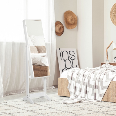 HOMCOM Mirror Jewelry Cabinet Armoire, Lockable Jewelry Organizer with Full-Length Mirror, 3 Angle Adjustable, White