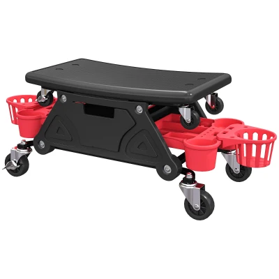 HOMCOM Rolling Garage Stool with Wheels, 300 LBS Capacity Padded Mechanic Stool with Tool Trays Storage, Black