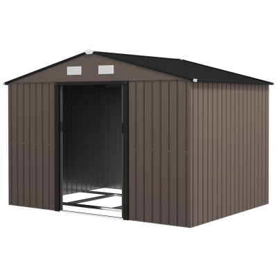 Outsunny 9.1'x6.4'x6.3' Garden Storage Shed w/ Foundation Kit Metal Tool Storage House w/ Double Doors Brown