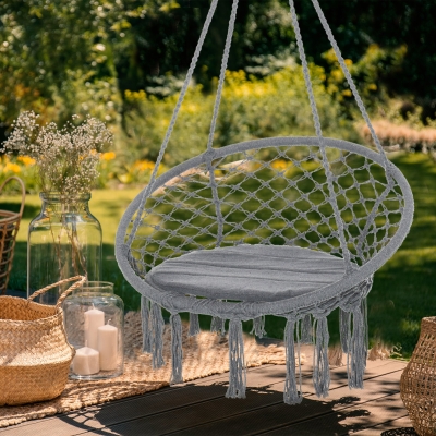 Outsunny Patio Hammock Chair, Hanging Rope Hammock Swing for Indoor & Outdoor Use with Backrest, Cotton-Polyester Blend, Fringe Tassels, Dark Grey