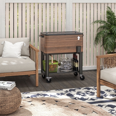 Outsunny Patio Cooler, 60qt Portable Outdoor Cooler with Locking Wheels, Storage Shelf, Bottle Opener for Patio Backyard, Brown