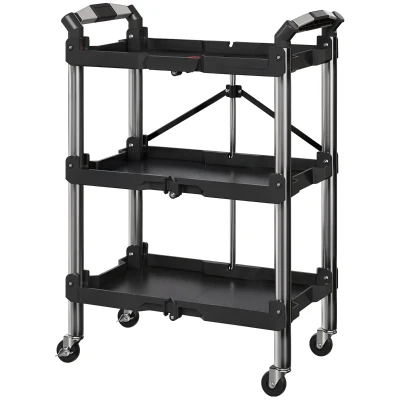 HOMCOM 3-Tier Collapsible Tool Cart with Wheels, 150 LBS Capacity Folding Utility Cart with Handles for Garage Workshop, Black