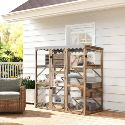 PawHut Outdoor Cat Enclosure with Platforms & Resting Boxes, Brown
