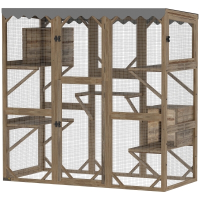 PawHut Outdoor Cat Enclosure with Platforms & Resting Boxes, Brown