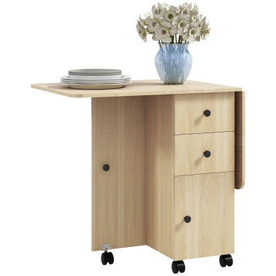 HOMCOM Drop Leaf Dining Table, Mobile Folding Table on Wheels with Drawers and Cabinet for Dining Room, Kitchen, Natural Wood