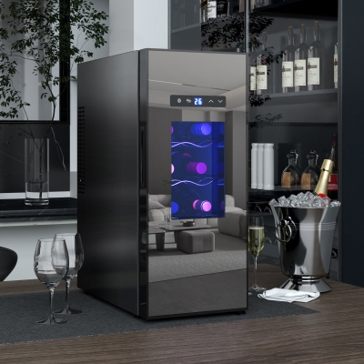 HOMCOM Wine Fridge, 12 Bottle, Under Counter Drinks Beer Wine Cooler with Glass Door, LED Light, Temperature Control