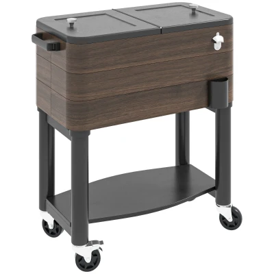 Outsunny Patio Cooler, 60qt Portable Outdoor Cooler with Locking Wheels, Storage Shelf, Bottle Opener for Patio Backyard, Brown
