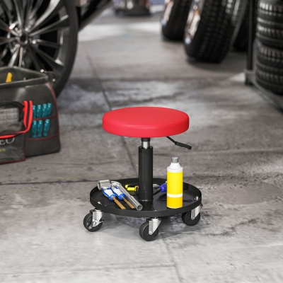 HOMCOM Rolling Garage Stool, 300 LBS Capacity Padded Mechanic Stool with 2.5" Wheels, Adjustable Height 15" -19.7", Red