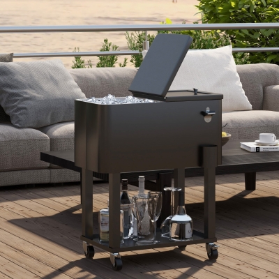 Outsunny 60 Quart Rolling Outdoor Cooler, Portable Rolling Patio Cooler Cart with Locking Wheels, Storage Shelf, Black