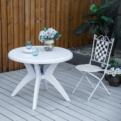 Outsunny Patio Dining Table with Umbrella Hole Round Outdoor Bistro Table for Garden Lawn Backyard, White