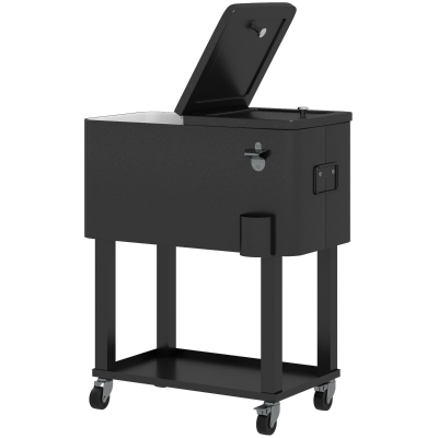 Outsunny 60 Quart Rolling Outdoor Cooler, Portable Rolling Patio Cooler Cart with Locking Wheels, Storage Shelf, Black