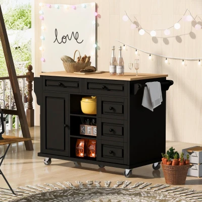 Rolling Kitchen Cart with 5 Drawers, Black