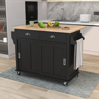 Adjustable Kitchen Cart with 4 Wheels, Black