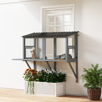 PawHut Wooden Outdoor Cat Catio with Window Perch, Gray