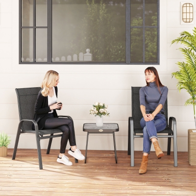 Outsunny Outdoor Bistro Set of 3, 3-Piece Patio Set with Breathable Mesh Fabric, Stackable Chairs and Square Table, Black