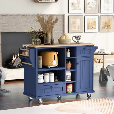 Rolling Mobile Kitchen Island Cart with Storage Cabinet, Dark Blue