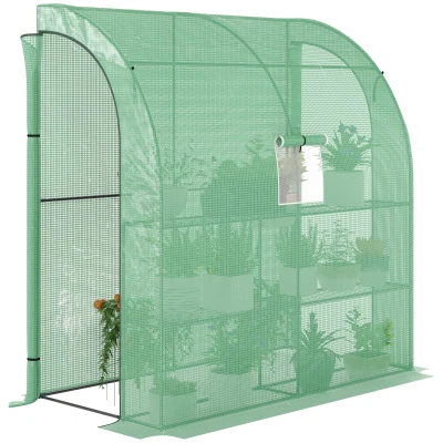 Outsunny 7' x 3' x 7' Outdoor Lean-to Walk-In Greenhouse w/ Roll-up Mesh Windows, Zipper Door and 3-Tier Shelves, Green