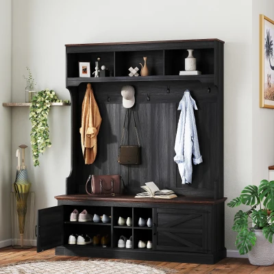HOMCOM 3-in-1 Hall Tree Coat Rack with Bench & Shoe Storage, Black