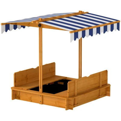 Outsunny Wooden Kids Sandbox with Cover, Sand Play Station with Foldable Bench Seats and Adjustable Canopy, Red