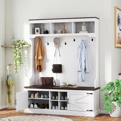 HOMCOM 3-in-1 Hall Tree Coat Rack with Bench & Shoe Storage, White