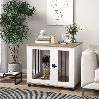 PawHut Dog Kennel End Table, Lockable for Small/Medium Dogs, Walnut