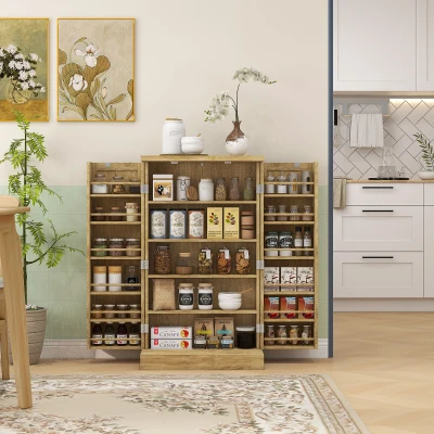 HOMCOM 41" Rattan Kitchen Storage Cabinet with 5-Tier Shelf, Natural