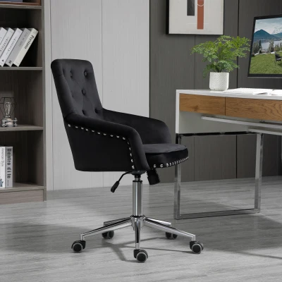 HOMCOM Modern Swivel Desk Chair, Velvet Tufted, Black