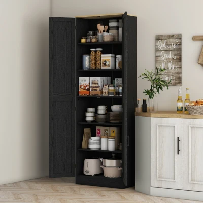 HOMCOM Freestanding Kitchen Pantry Cabinet, 4-Door, Distressed Black